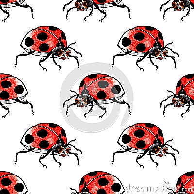 Funky ladybugs seamless pattern. Raster background Cartoon Illustration