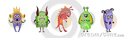 Funky Monster Character with Happy Face Vector Set Vector Illustration