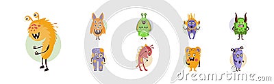 Funky Monster Character with Happy Face Vector Set Vector Illustration