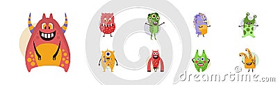 Funky Monster Character with Happy Face Vector Set Stock Photo