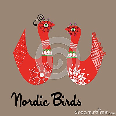 Funky Nordic birds Vector Illustration