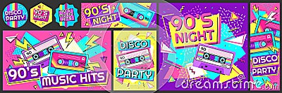 Funky 90s disco party poster. Nineties music hits banner, 90s dancing night invite and retro stereo tape vector Vector Illustration