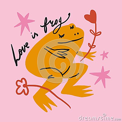 Funky ugly happy Valentines frog, groovy cute comic character. Boho doodle modern print funny handdrawn childish art Vector Illustration