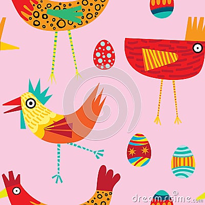 Funky vector repeat patern of colorful chickens Vector Illustration