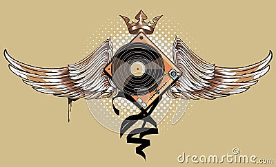 Funky winged turntable graffiti musical emblem Vector Illustration