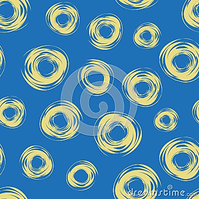 Funky yellow hand drawn abstract circles on vibrant blue background. Seamless vector pattern with a relaxed fun vibe Vector Illustration