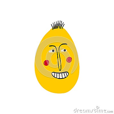 Funky yellow strange egg with sarcastic face. Cute quirky comic Easter egg Vector Illustration