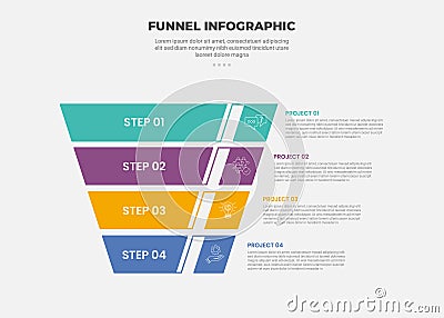 funnel base shape infographic outline style with 4 point template with reverse pyramid and line connection for slide presentation Stock Photo