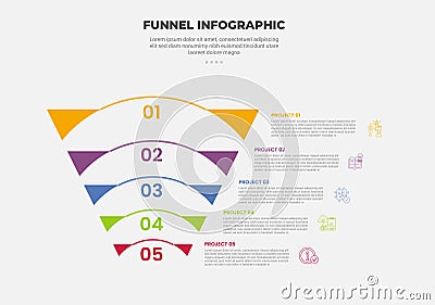 funnel base shape infographic outline style with 5 point template with reverse funnel with round line for slide presentation Vector Illustration