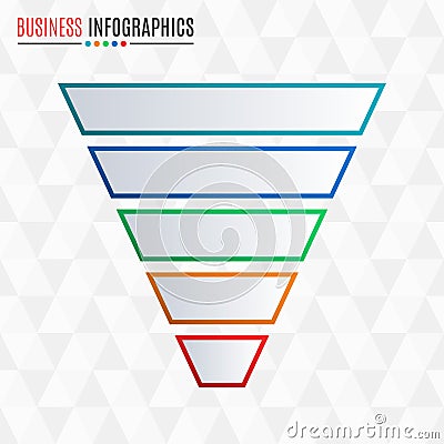 Funnel or cone symbol. Business pyramid with 5 steps, options or levels. Marketing and sales infograph layout. Vector illustration Vector Illustration