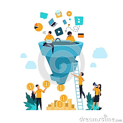 Funnel leads generation. Attracting followers strategy concept with cartoon people and inbound marketing. Vector Vector Illustration