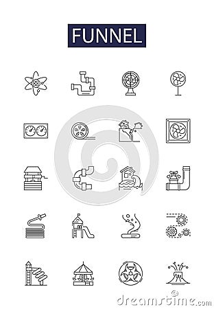 Funnel line vector icons and signs. Funneling, Spout, Narrow, Conical, Drain, Nip, Chute, Ingest outline vector Vector Illustration