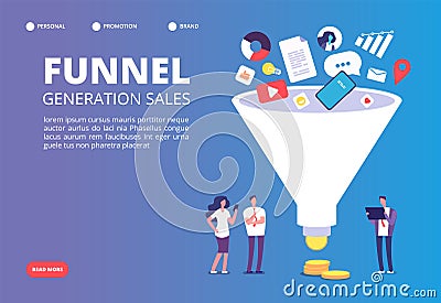 Funnel sale generation. Digital marketing funnel lead generations with buyers. Strategy, conversion rate optimization Vector Illustration