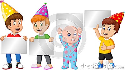 Funnt Four Little Boys Wearing Birthday Hat With Black Sign Board Cartoon Stock Photo