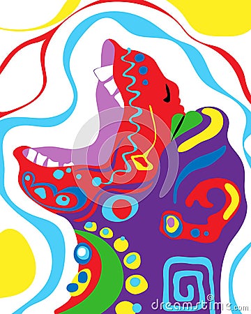 Funny abstract singing multi-colored monkey gorilla on colorful background. Psychedelic cartoon vector illustration Vector Illustration