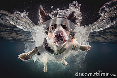 Funny active dog jumps into water underwater Stock Photo