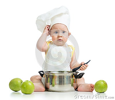 Funny adorable baby with green apples Stock Photo