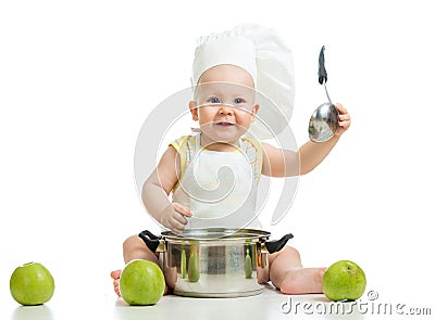 Funny adorable baby with green apples on white backgrou Stock Photo