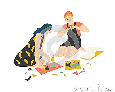 Funny adorable young boy and girl sitting on floor, cutting colorful paper with scissors and making collage. Cute man Vector Illustration