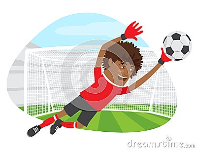 Funny African American soccer football player goalkeeper wearing Vector Illustration