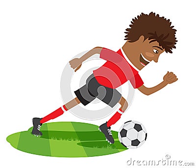 Funny African American soccer football player wearing red t-shirt running kicking a ball and smiling Vector Illustration