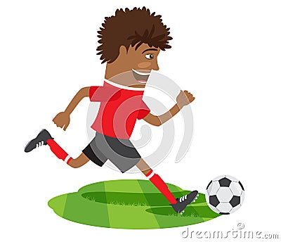 Funny African American soccer football player wearing red t-shirt running kicking a ball and smiling Cartoon Illustration