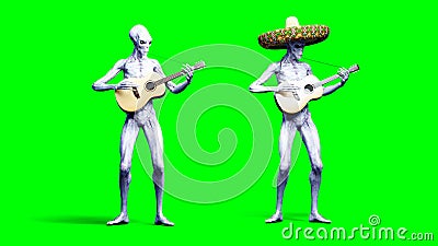 Funny alien plays on acustic guitar. Realistic motion and skin shaders. 3d rendering. Stock Photo