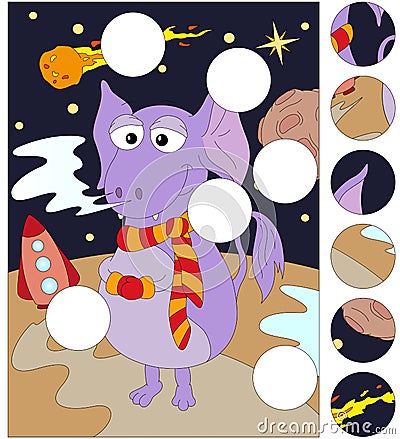 Funny alien on an unknown planet in space. Complete the puzzle a Vector Illustration