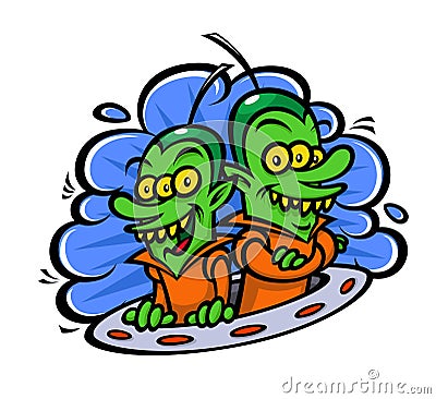 Funny aliens in a spaceship. Vector illustration in a flat style. Image is isolated on white background. Characters for printing, Vector Illustration