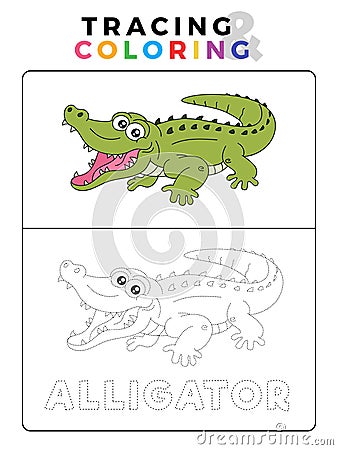 Funny Alligator Crocodile Animal Tracing and Coloring Book with Example. Preschool worksheet for practicing fine motor and color Stock Photo