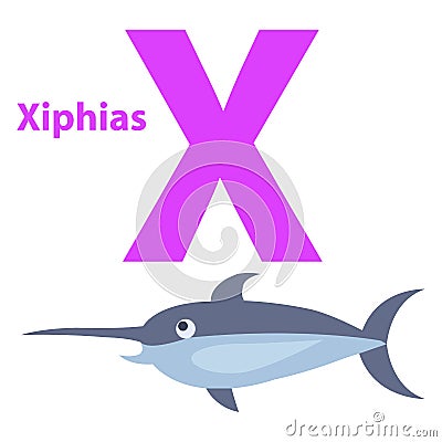 Funny Alphabet with Cartoon Animal Purple Letter X Vector Illustration