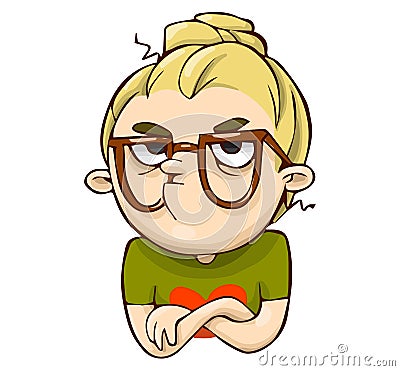 Funny angry cartoon girl. Vector displeased colorful character Stock Photo