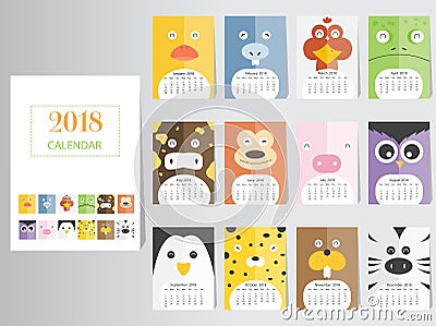 Funny animal calendar 2018 design,The year of the dog monthly cards templates,Set of 12 month,Monthly kids,Vector illustrations. Vector Illustration