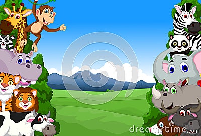 Funny animal cartoon collection in the jungle Stock Photo