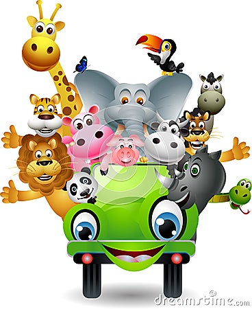 Funny animal cartoon on green car Cartoon Illustration