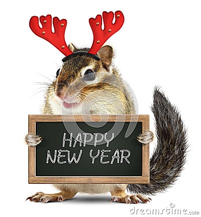 Funny animal chipmunk with christmas deer horns hold blackboard Stock Photo