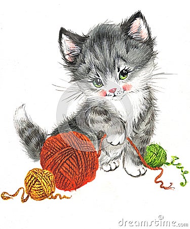 Funny animal Kitten. watercolor Cartoon Illustration