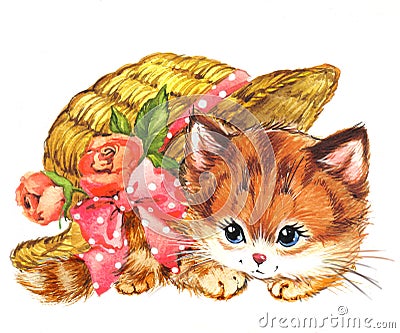 Funny animal Kitten. watercolor Cartoon Illustration