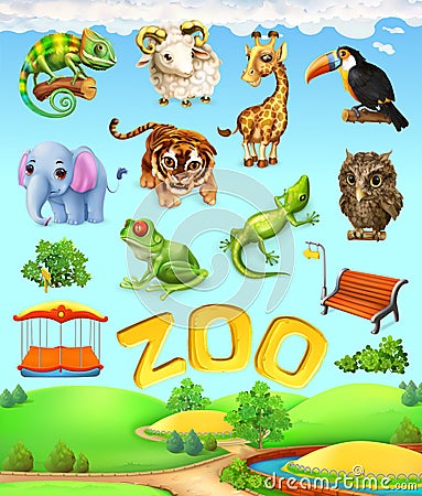 Funny animal set. Elephant, giraffe, tiger, chameleon, toucan, owl, sheep and frog. Zoo icon set Stock Photo