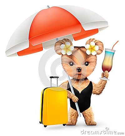 Funny animal in swimsuit with umbrella and baggage Cartoon Illustration