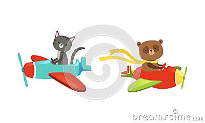 Funny Animals Aviating or Flying on the Airplane with Propeller Vector Set Vector Illustration