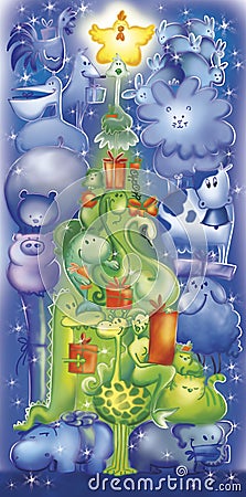 Funny animals christmas tree Cartoon Illustration