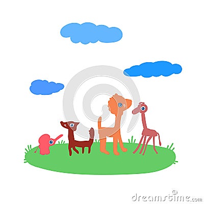 Funny animals. Cute cartoon style characters on green meadow Vector Illustration