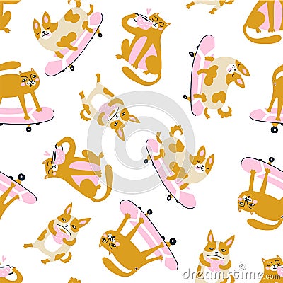 Funny animals drink coffee and ride a skateboard. Vector seamless pattern with cats and dogs. Stock Photo