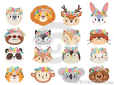 Funny animals in flower wreaths. Happy animal head with flower, fun cat and pet face in wreath vector set Vector Illustration