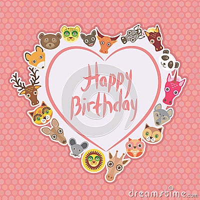 Funny Animals Happy birthday. White heart on pink Polka dot background. Vector Vector Illustration