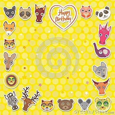 Funny Animals Happy birthday. Yellow Polka dot background. Vector Vector Illustration