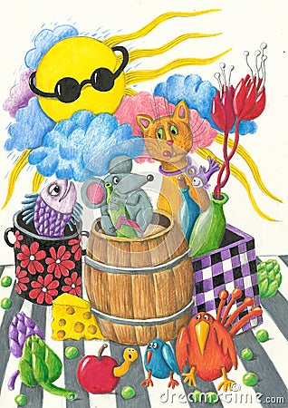 Funny animals have a party Cartoon Illustration