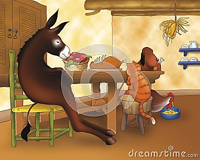 Funny animals having dinner Cartoon Illustration