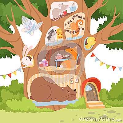 Funny Animals Inside the Tree Hollow Arranging Their Cozy Homes Vector Illustration Vector Illustration